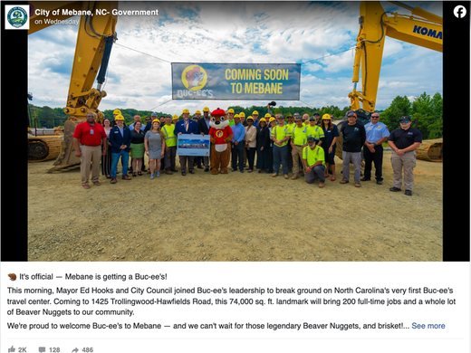 City of Mebane, NC Facebook post: officials break ground on North Carolina's first Buc-ee's travel center