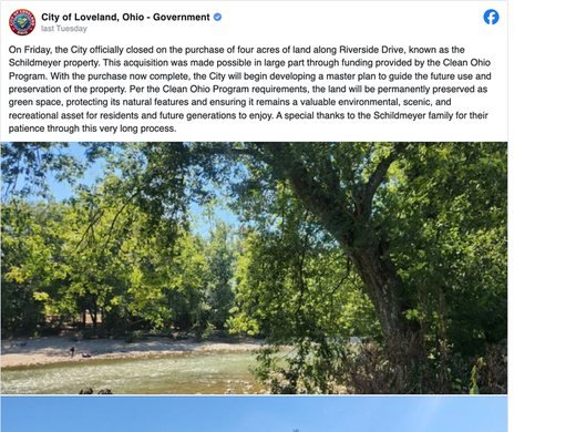 City of Loveland, OH Facebook post about preserving riverfront land