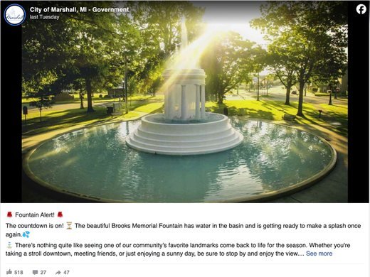 City of Marshall, MI Facebook post about the Brooks Memorial Fountain