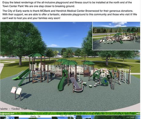 City of Early, TX Facebook post showing an all-inclusive playground rendering