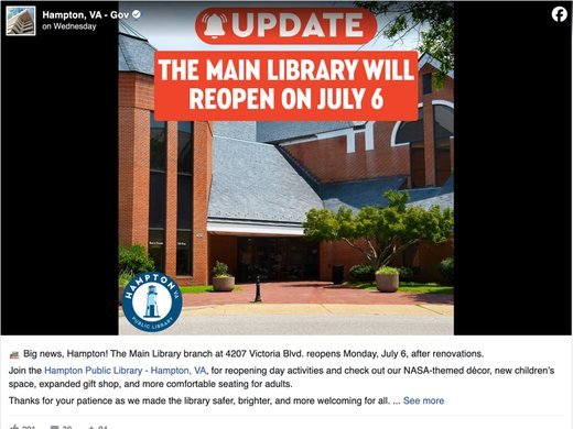Hampton, VA Facebook post about the Main Library reopening with a NASA theme